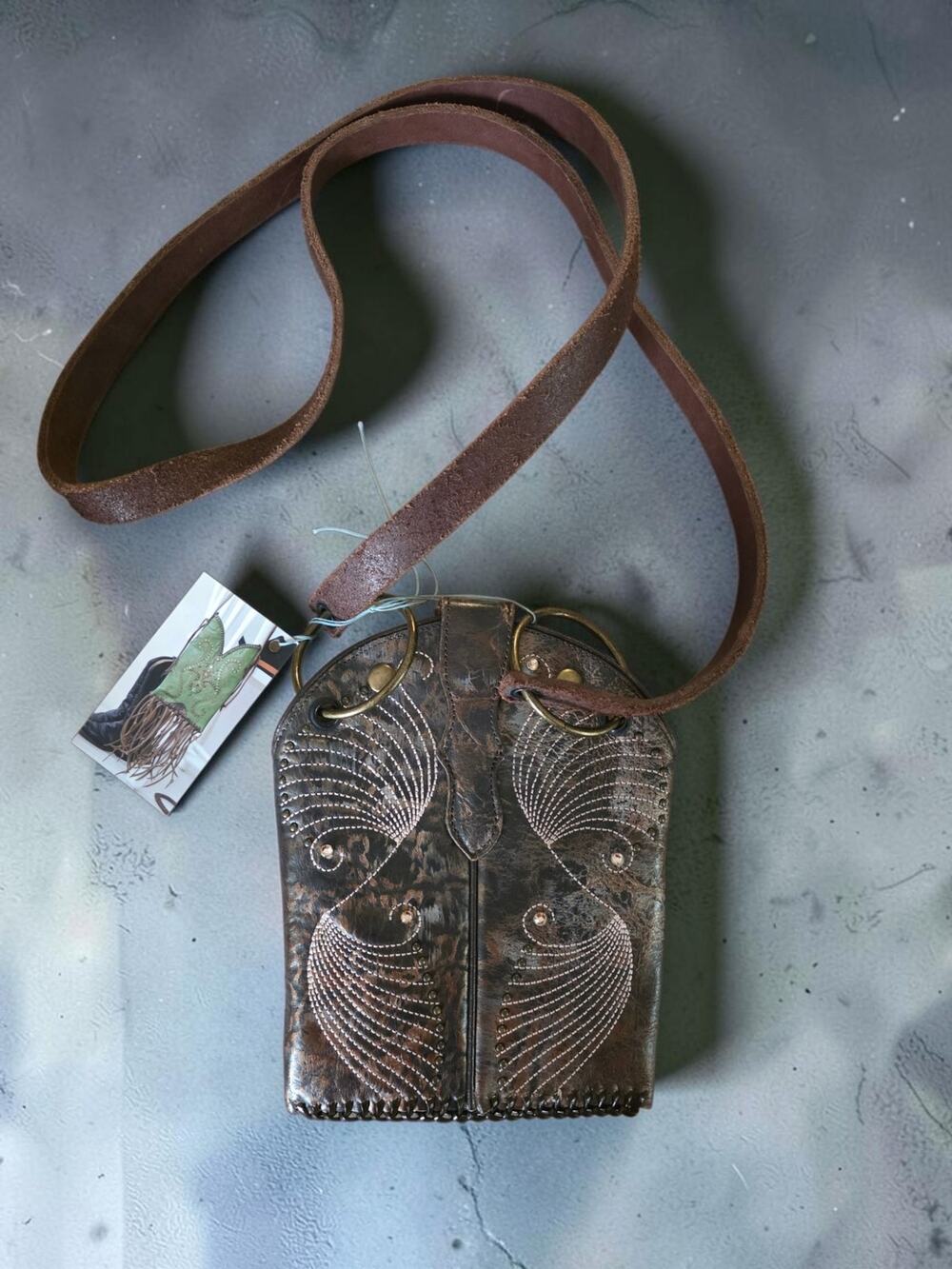 Western Brown Leather Crossbody Bag Rhinestone Studded Cowboy Boho Purse